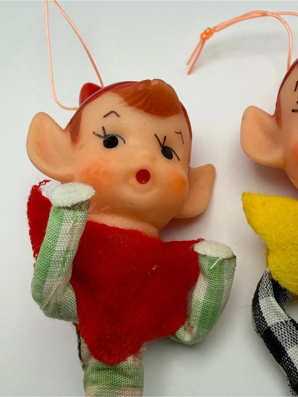 1960s, MCM, Pixie Elf Christmas Ornaments, Checkered Outfits, Japan, 4.25” Tall